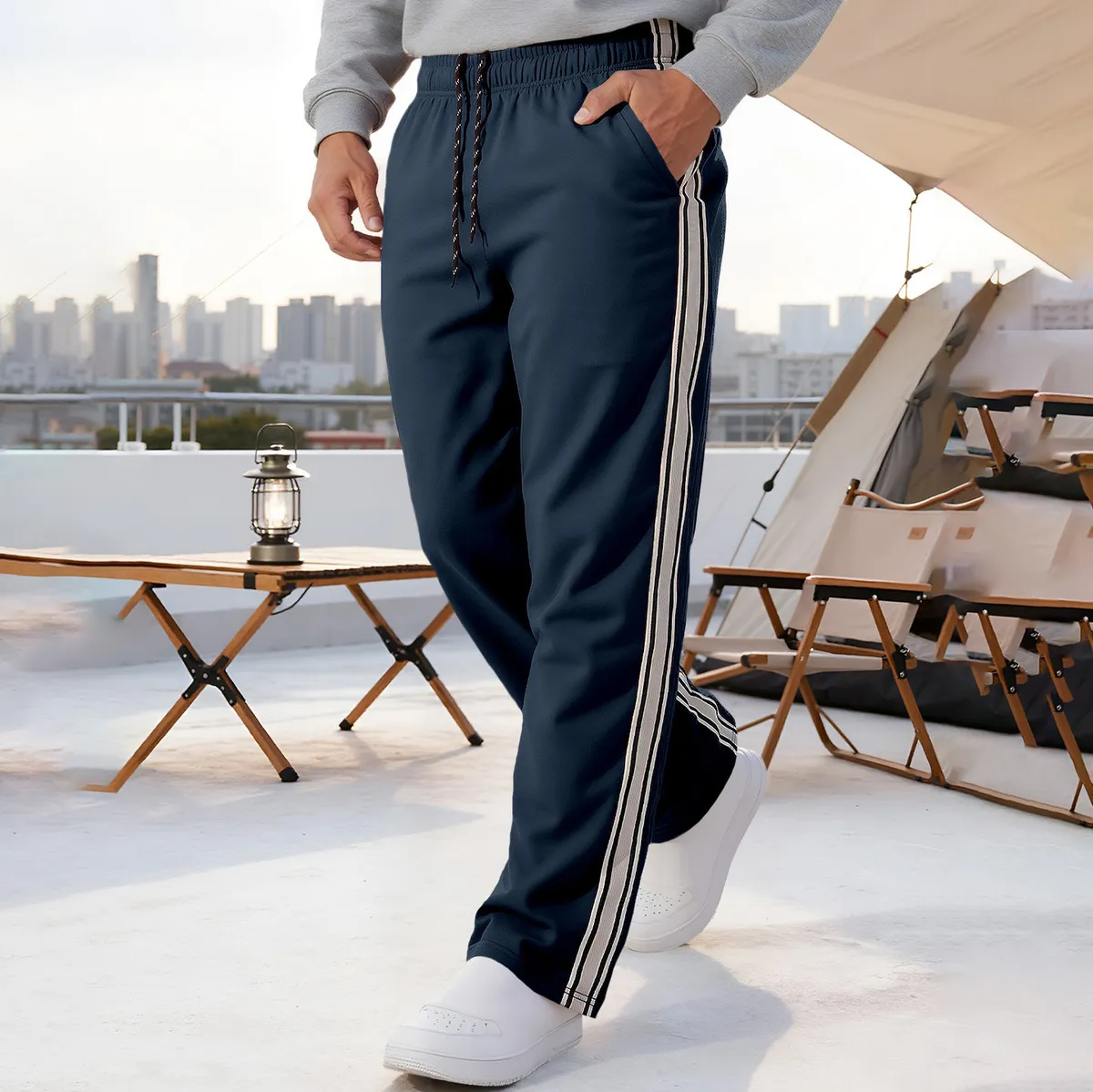 Men'S Fashion Casual Cotton Side Stripe Straight-Leg Pants