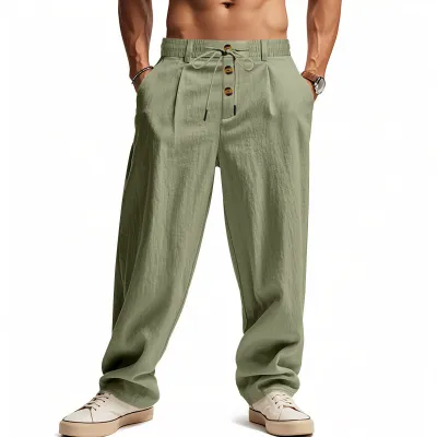Men Fashion Casual Spring And Summer Solid Color Breathable Cotton And Linen Loose Pants