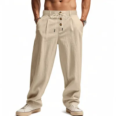 Men Fashion Casual Spring And Summer Solid Color Breathable Cotton And Linen Loose Pants