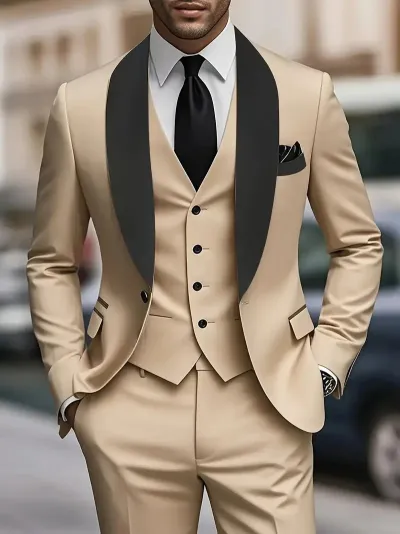 Men'S Fashion Wedding Long-Sleeve Coat Vest Slim-Fit Pants Suit Three-Piece Set
