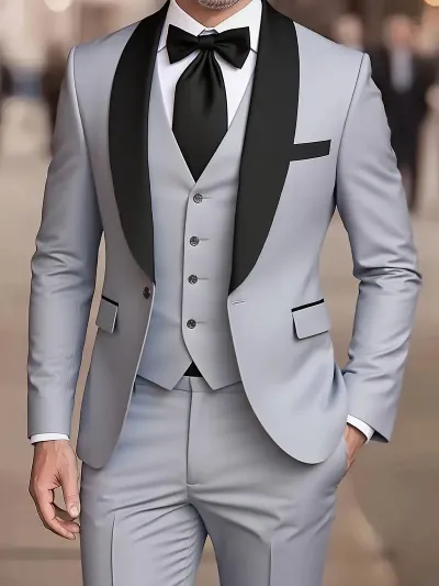 Men'S Fashion Wedding Long-Sleeve Coat Vest Slim-Fit Pants Suit Three-Piece Set