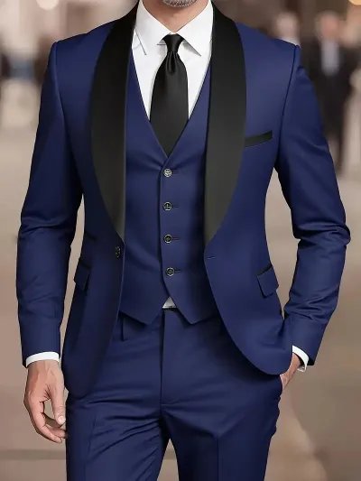 Men'S Fashion Wedding Long-Sleeve Coat Vest Slim-Fit Pants Suit Three-Piece Set