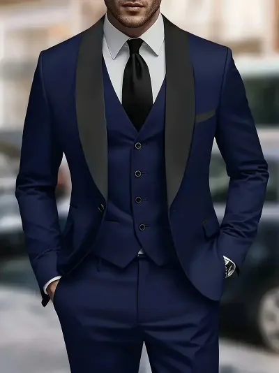 Men'S Fashion Wedding Long-Sleeve Coat Vest Slim-Fit Pants Suit Three-Piece Set