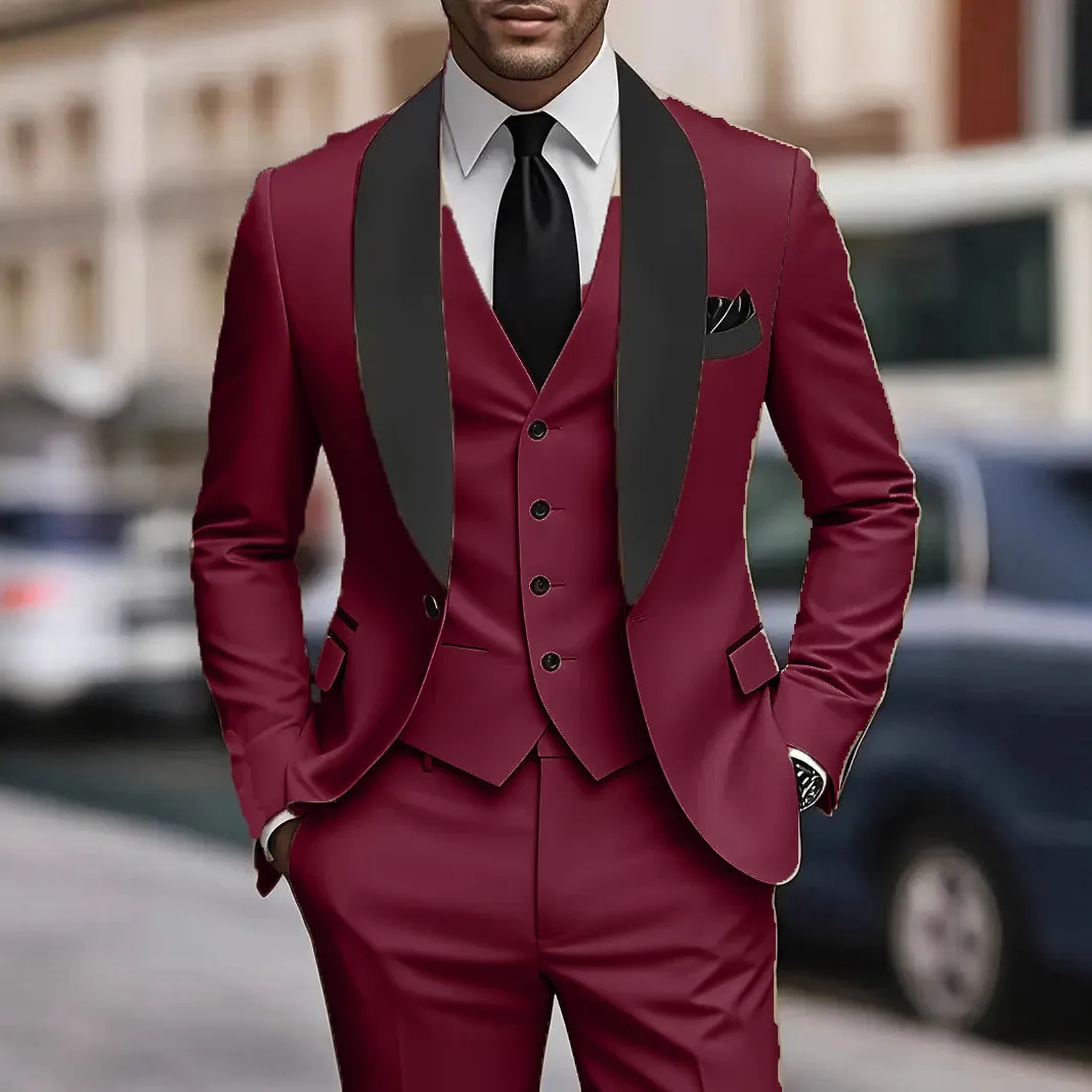 Men'S Fashion Wedding Long-Sleeve Coat Vest Slim-Fit Pants Suit Three-Piece Set