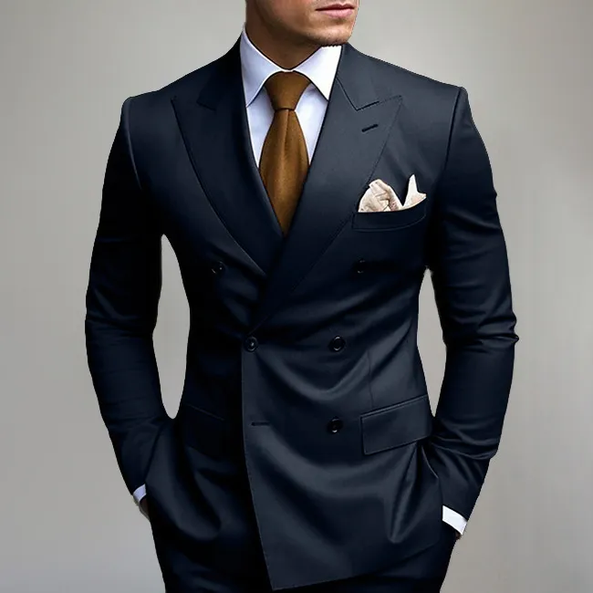 Men'S Fashion Casual Business Solid Color Side Split Double-Breasted Coat Pants Suit Two-Piece Set