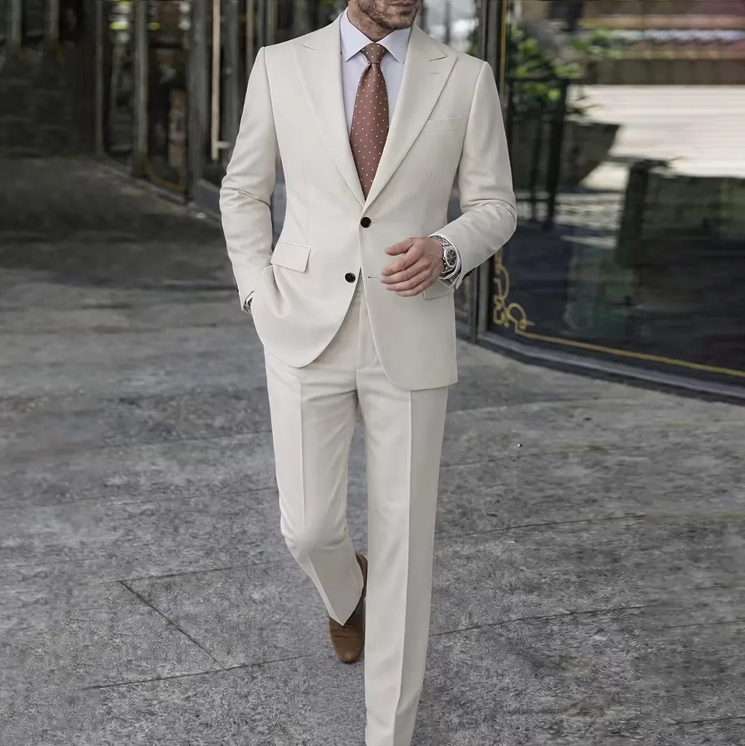 Men'S Fashion Banquet Wedding Solid Color Long-Sleeve Coat Slim-Fit Pants Suit Two-Piece Set