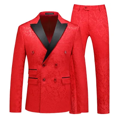 Men'S Fashion Business Jacquard Slim-Fit Double-Breasted Coat Pants Suit Two-Piece Set