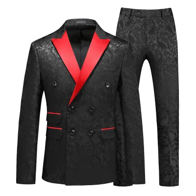 Men'S Fashion Business Jacquard Slim-Fit Double-Breasted Coat Pants Suit Two-Piece Set