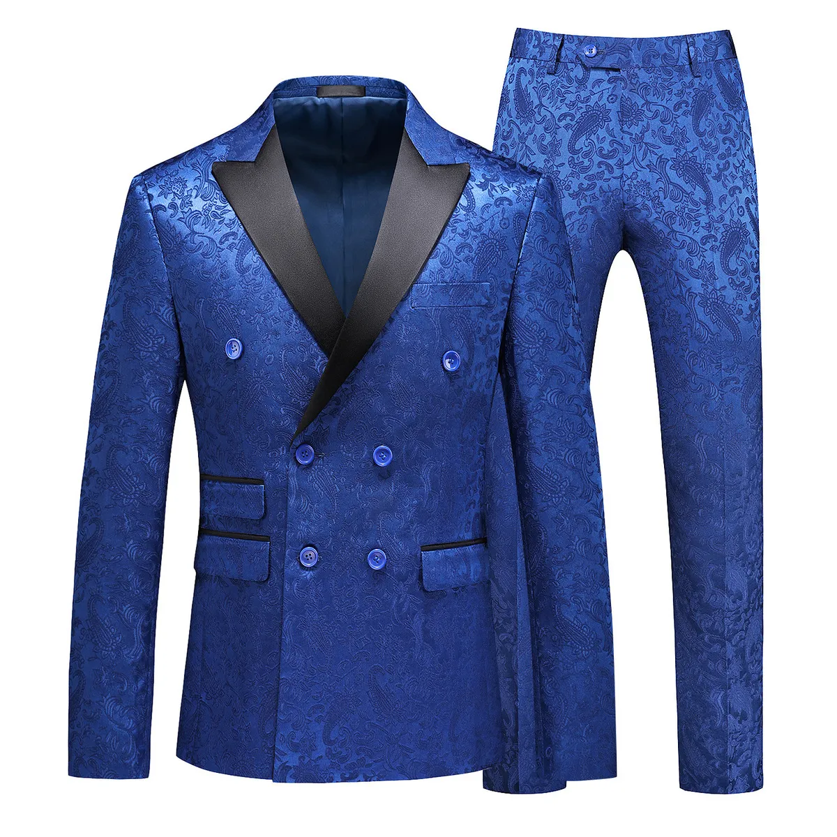 Men'S Fashion Business Jacquard Slim-Fit Double-Breasted Coat Pants Suit Two-Piece Set