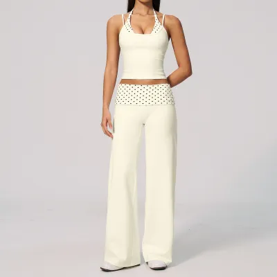 Women Fashion Casual Stripe Polka Dot Print Camisole Loose Pants Quick-Drying Yoga Two-Piece Set