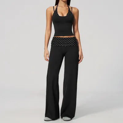 Women Fashion Casual Stripe Polka Dot Print Camisole Loose Pants Quick-Drying Yoga Two-Piece Set