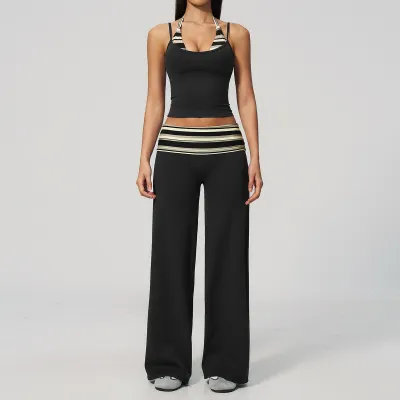 Women Fashion Casual Stripe Polka Dot Print Camisole Loose Pants Quick-Drying Yoga Two-Piece Set