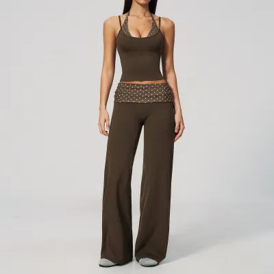 Women Fashion Casual Stripe Polka Dot Print Camisole Loose Pants Quick-Drying Yoga Two-Piece Set