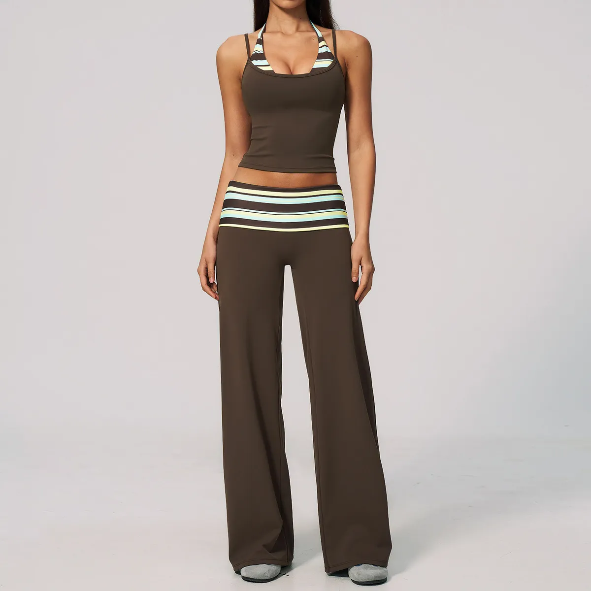 Women Fashion Casual Stripe Polka Dot Print Camisole Loose Pants Quick-Drying Yoga Two-Piece Set