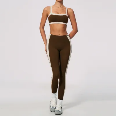 Women Fashion Contrast Color Stitching Tight Breathable Bra Leggings Yoga Two-Piece Set