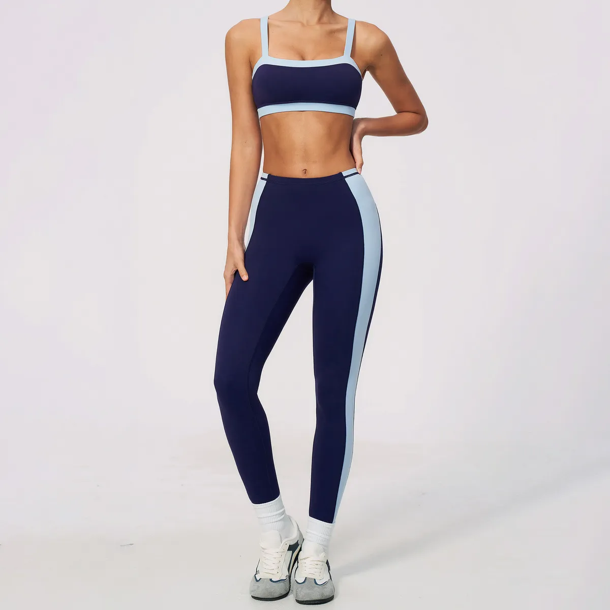Women Fashion Contrast Color Stitching Tight Breathable Bra Leggings Yoga Two-Piece Set