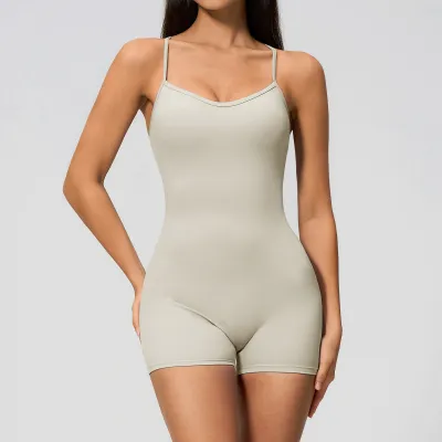 Women Fashion Solid Color Spaghetti Strap Cross-Back Backless Tight Yoga Sports Rompers