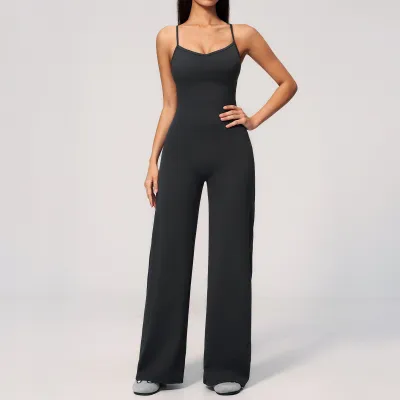 Women Fashion Solid Color Spaghetti Strap Cross Back Backless Yoga Stretch Wide Leg Jumpsuit