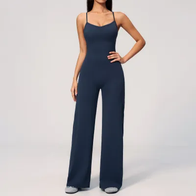 Women Fashion Solid Color Spaghetti Strap Cross Back Backless Yoga Stretch Wide Leg Jumpsuit