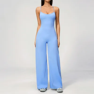 Women Fashion Solid Color Spaghetti Strap Cross Back Backless Yoga Stretch Wide Leg Jumpsuit