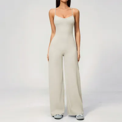 Women Fashion Solid Color Spaghetti Strap Cross Back Backless Yoga Stretch Wide Leg Jumpsuit