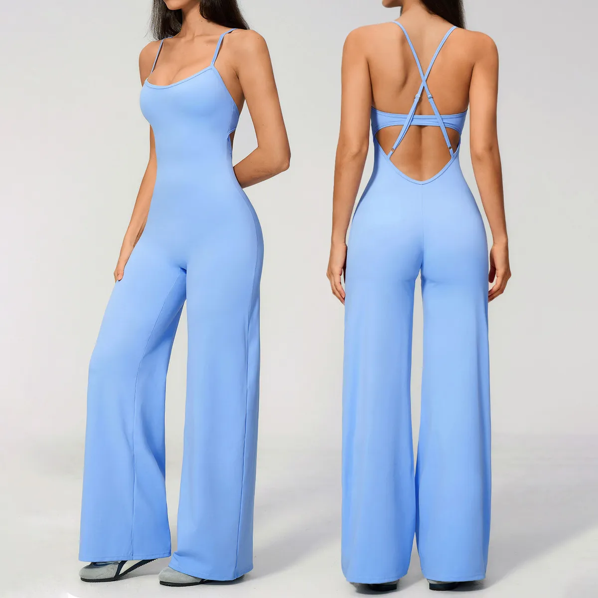 Women Fashion Solid Color Spaghetti Strap Cross Back Backless Yoga Stretch Wide Leg Jumpsuit