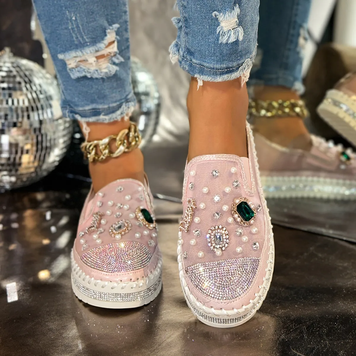 Casual Plus Size Rhinestone Platform Loafers