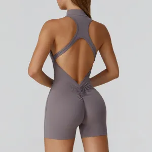 Women Fashion Solid Color Zipper Sleeveless Backless Sports Yoga Tight Rompers