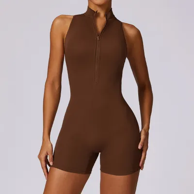 Women Fashion Solid Color Zipper Sleeveless Backless Sports Yoga Tight Rompers