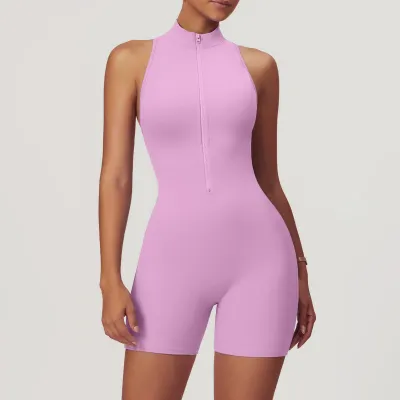 Women Fashion Solid Color Zipper Sleeveless Backless Sports Yoga Tight Rompers