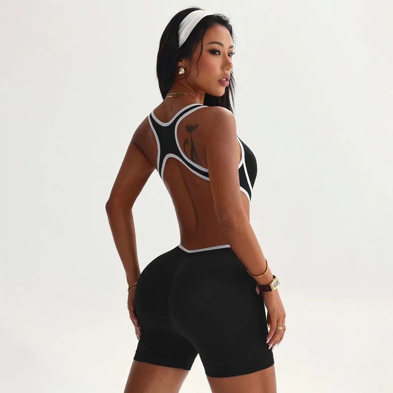 Women Fashion Contrast Color Sleeveless Backless Tight Sports Yoga Rompers