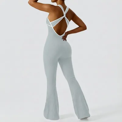 Women Fashion Contrast Color Sleeveless Backless Quick-Drying Thread Tight Yoga Sports Jumpsuits