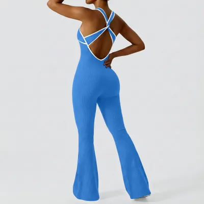 Women Fashion Contrast Color Sleeveless Backless Quick-Drying Thread Tight Yoga Sports Jumpsuits