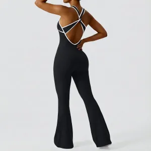Women Fashion Contrast Color Sleeveless Backless Quick-Drying Thread Tight Yoga Sports Jumpsuits
