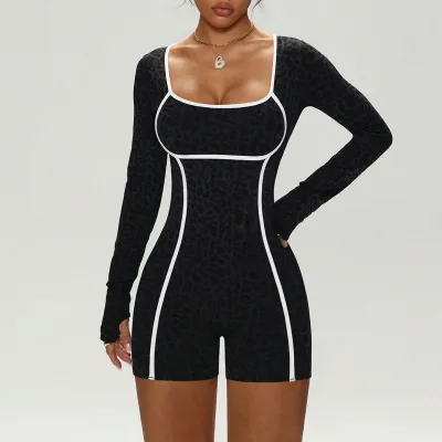 Women Fashion Leopard Contrast Color Seamless Long-Sleeve Yoga Sports Tight Rompers