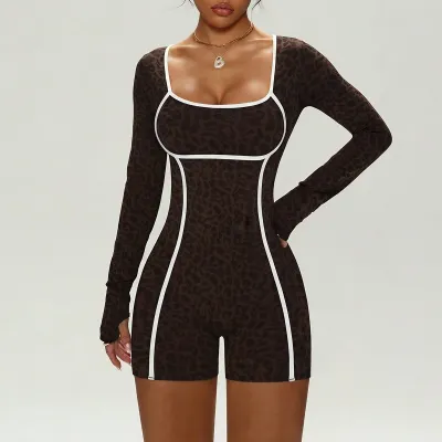 Women Fashion Leopard Contrast Color Seamless Long-Sleeve Yoga Sports Tight Rompers