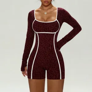 Women Fashion Leopard Contrast Color Seamless Long-Sleeve Yoga Sports Tight Rompers