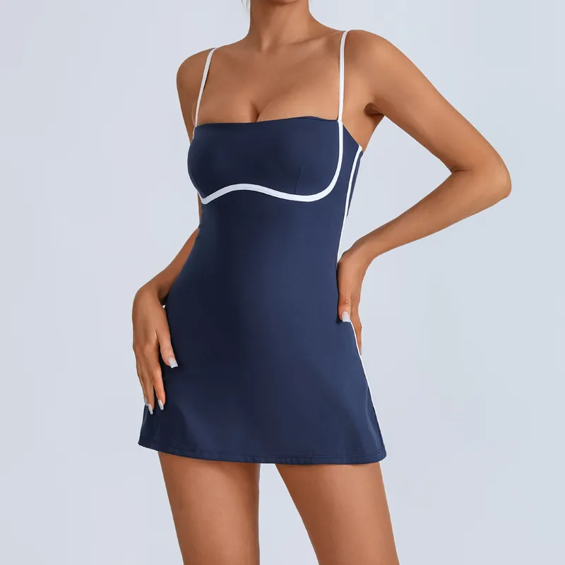 Women Fashion Color-Block Spaghetti Strap Sports Tennis Dress