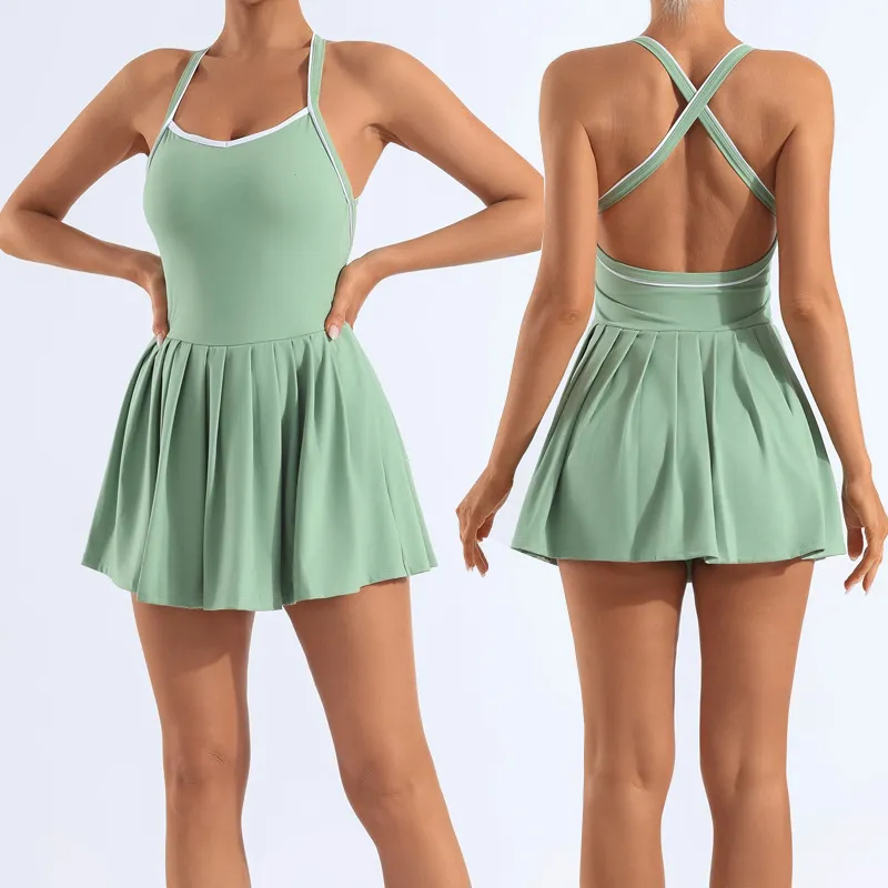 Women Fashion Solid Color Backless With Breast High Elastic Quick-Drying Pleated Yoga Golf Tennis Dress