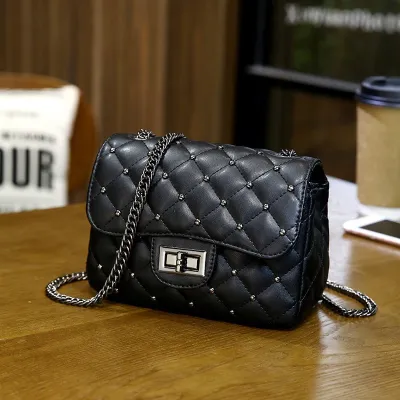 Women Fashion Simple Solid Color Rhombic Chain Shoulder Bag