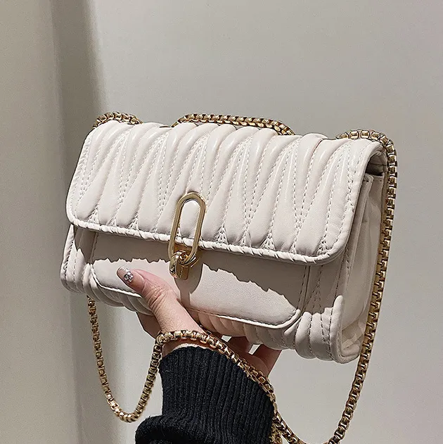 Women Fashion Casual Solid Color Pleated Chain Shoulder Bag