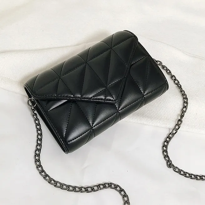 Women Fashion Casual Black Diamond Plaid Chain Small Square Shoulder Bag