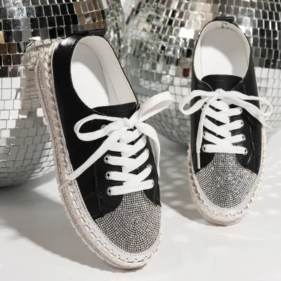 Fashionable Large Platform Rhinestone Lace-Up Shoes
