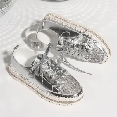 Fashionable Large Platform Rhinestone Lace-Up Shoes