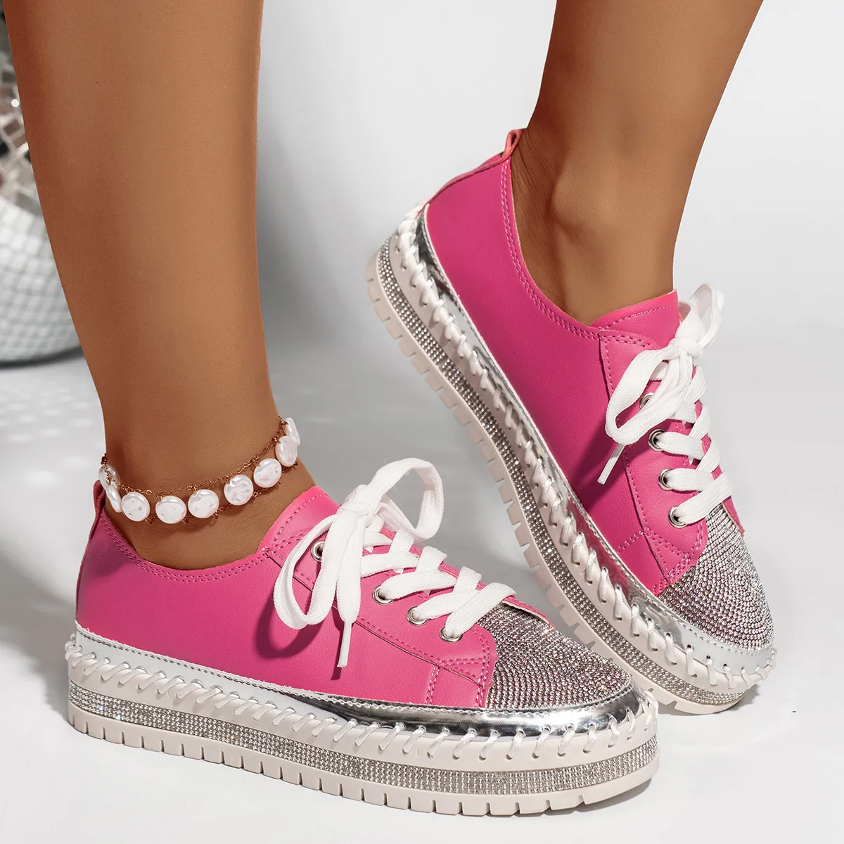 Fashionable Large Platform Rhinestone Lace-Up Shoes