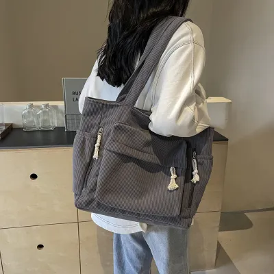 Women Fashion Casual Solid Color Corduroy Large Capacity Tote Bag