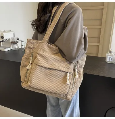 Women Fashion Casual Solid Color Corduroy Large Capacity Tote Bag