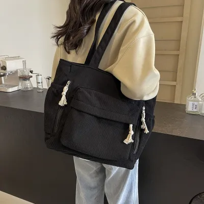 Women Fashion Casual Solid Color Corduroy Large Capacity Tote Bag