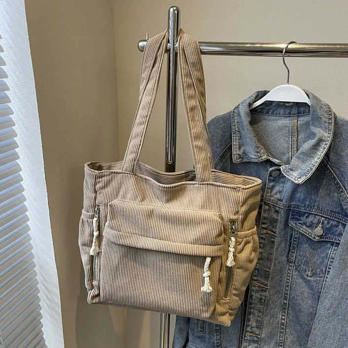 Women Fashion Casual Solid Color Corduroy Large Capacity Tote Bag