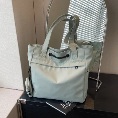 Women Fashion Casual Solid Color Large Capacity Nylon Cloth Drawstring Tote Bag